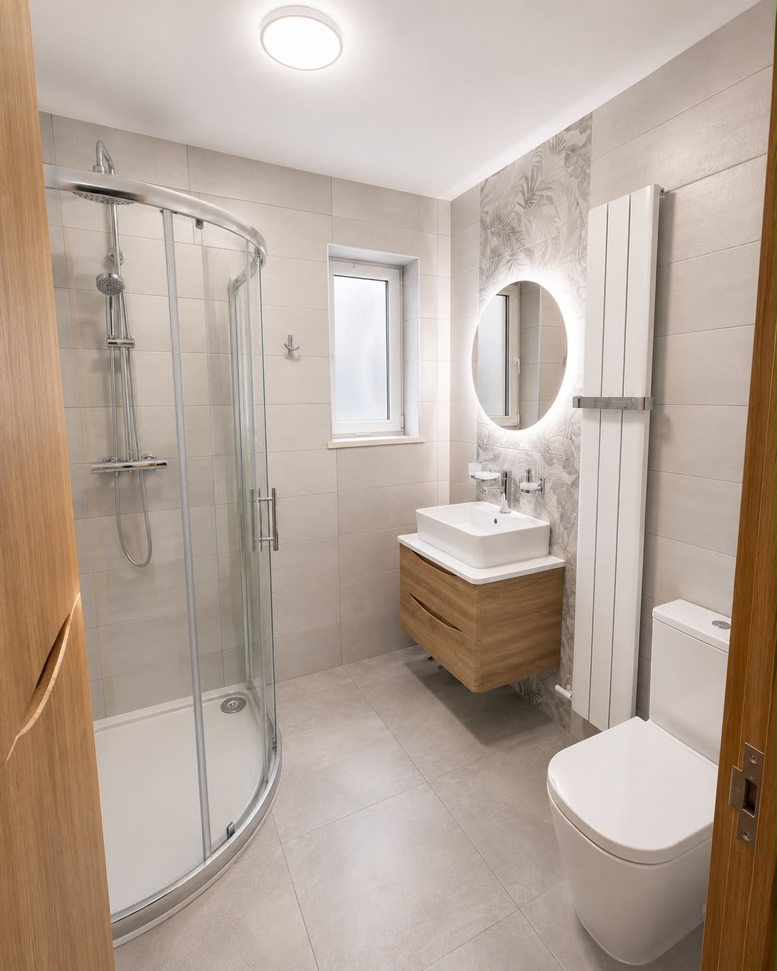 Modern bathroom with curved glass shower, light grey tiles and backlit round mirror